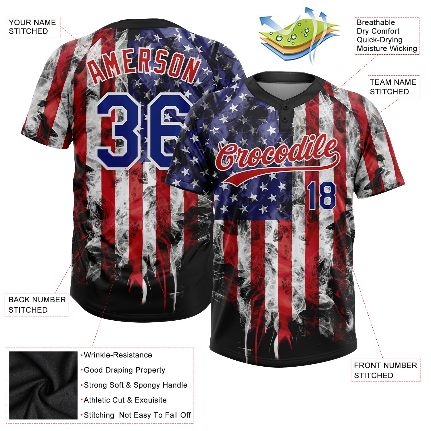 Custom White Royal-Red 3D American Flag Fashion Two-Button Unisex Softball Jersey