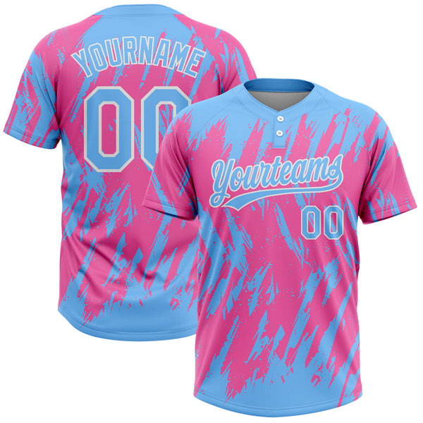 Custom Pink Powder Blue-White 3D Pattern Two-Button Unisex Softball Jersey