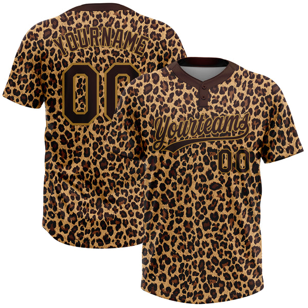 Custom Brown Brown-Old Gold 3D Pattern Leopard Two-Button Unisex Softball Jersey