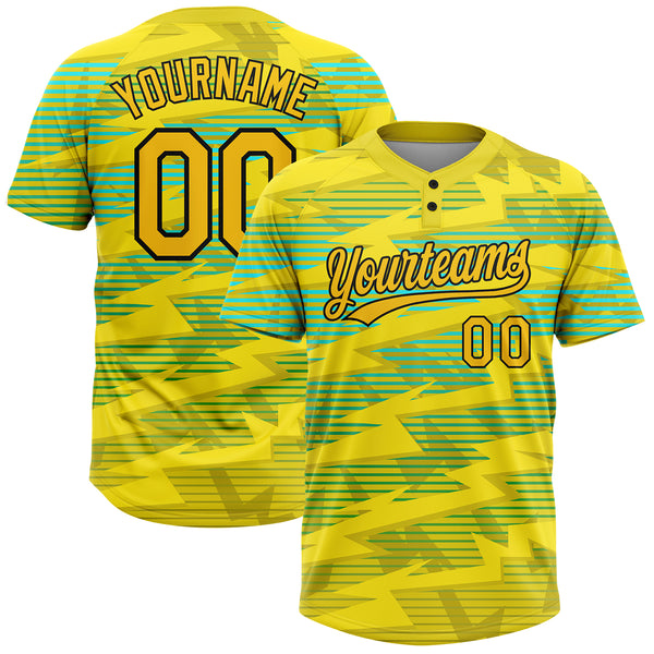 Custom Gold Gold Black-Light Blue 3D Pattern Two-Button Unisex Softball Jersey