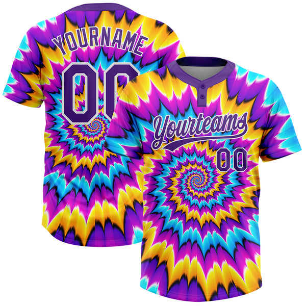 Custom Tie Dye Purple-White 3D Two-Button Unisex Softball Jersey