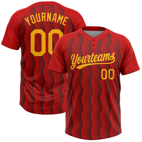 Custom Red Gold-Black 3D Pattern Two-Button Unisex Softball Jersey