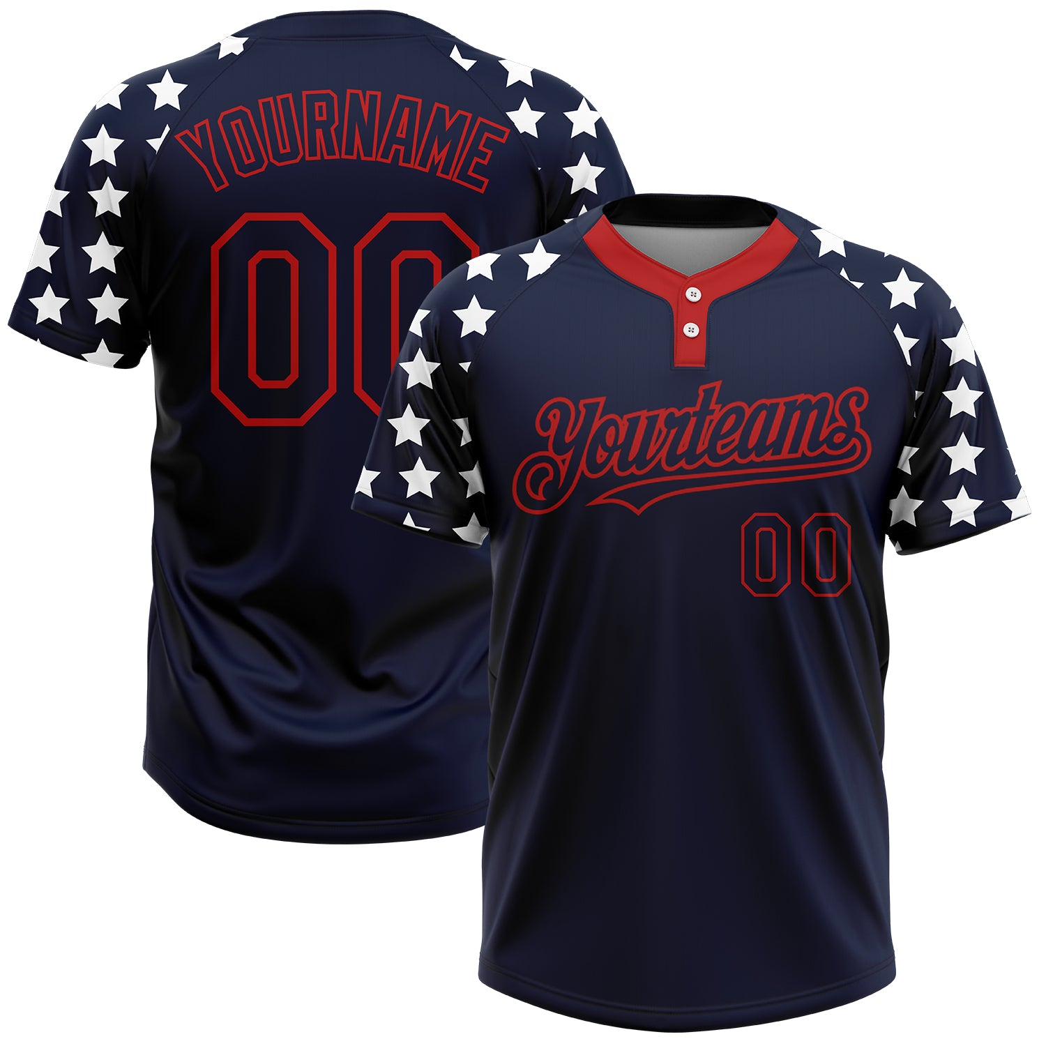 Custom Navy Red-White 3D American Flag Fashion Two-Button Unisex Softball Jersey