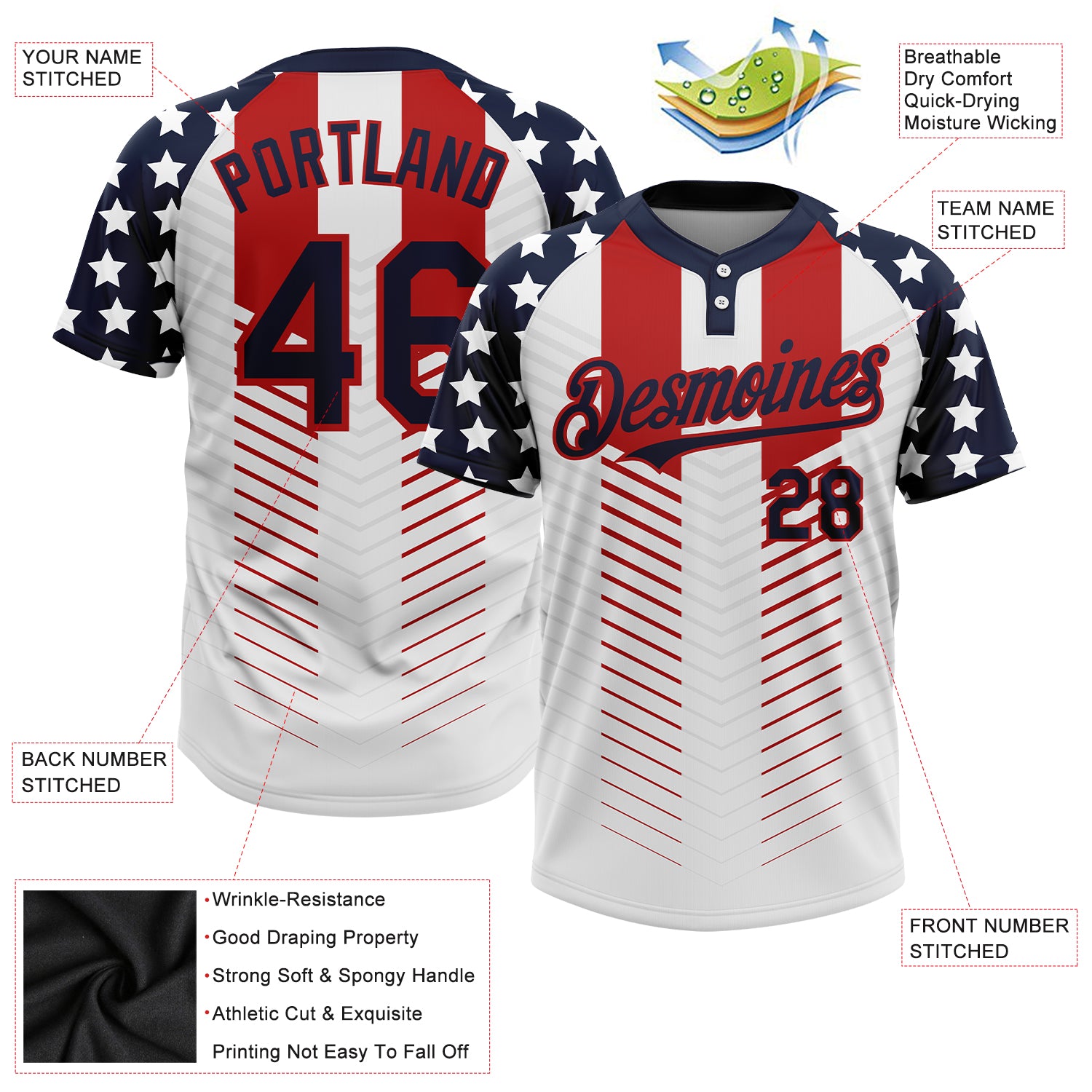 Custom White Navy-Red 3D American Flag Fashion Two-Button Unisex Softball Jersey