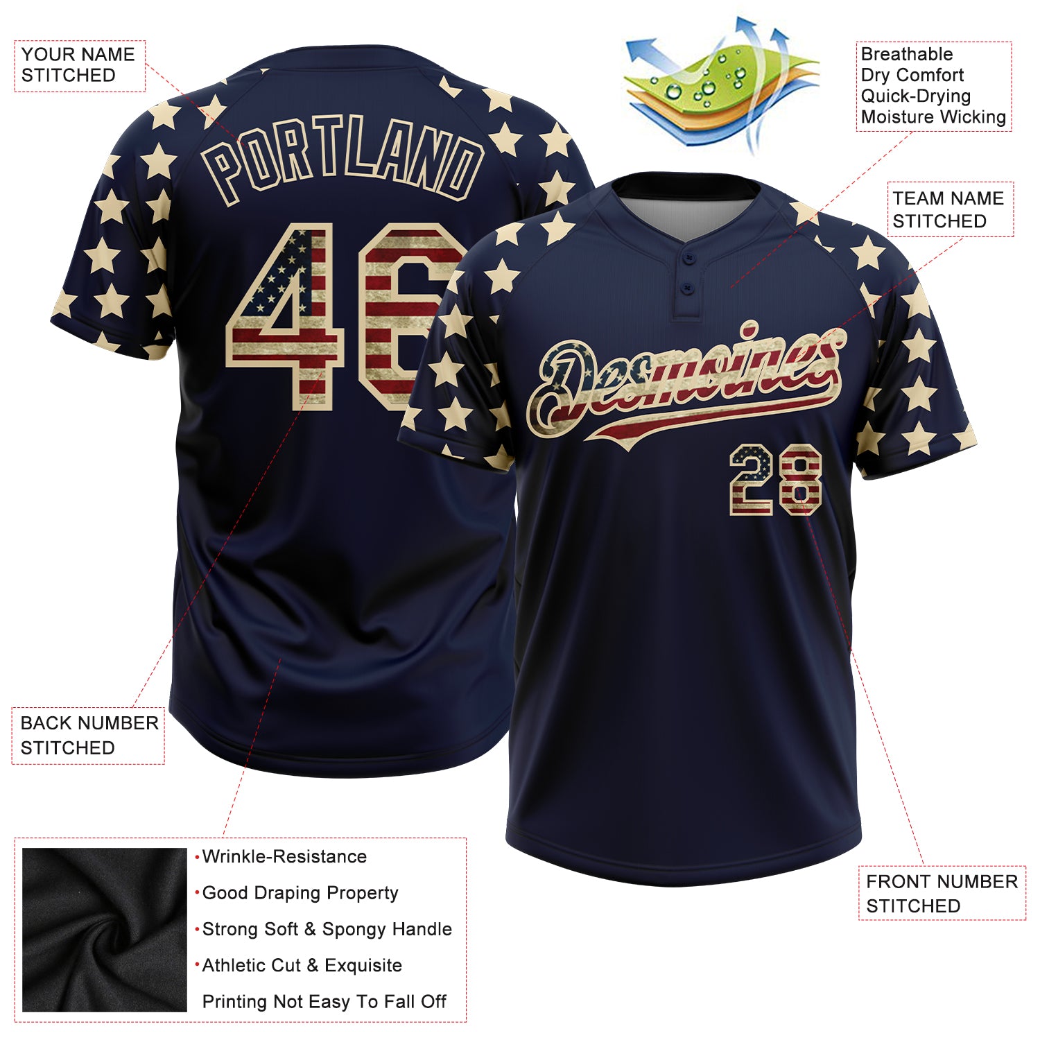 Custom Navy Vintage USA Flag-Cream 3D American Flag Fashion Two-Button Unisex Softball Jersey