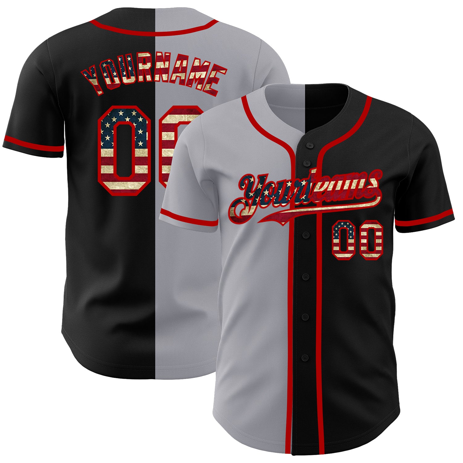 Custom Black Vintage USA Flag Gray-Red Authentic Split Fashion Baseball Jersey