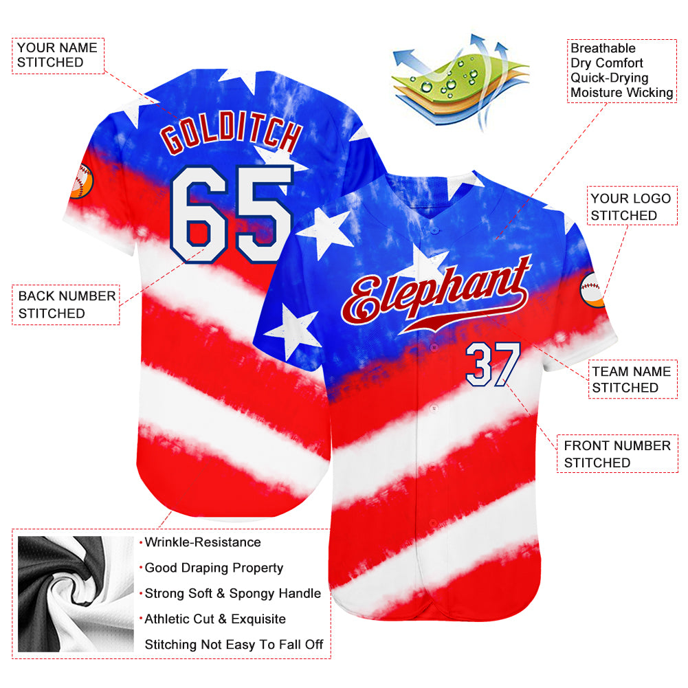 Custom Tie Dye White-Royal 3D American Flag Authentic Baseball Jersey