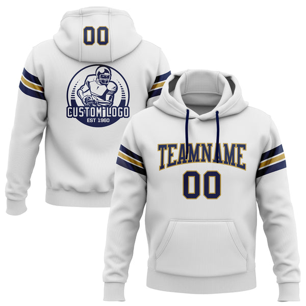 Custom Stitched White Navy-Old Gold Football Pullover Sweatshirt Hoodie