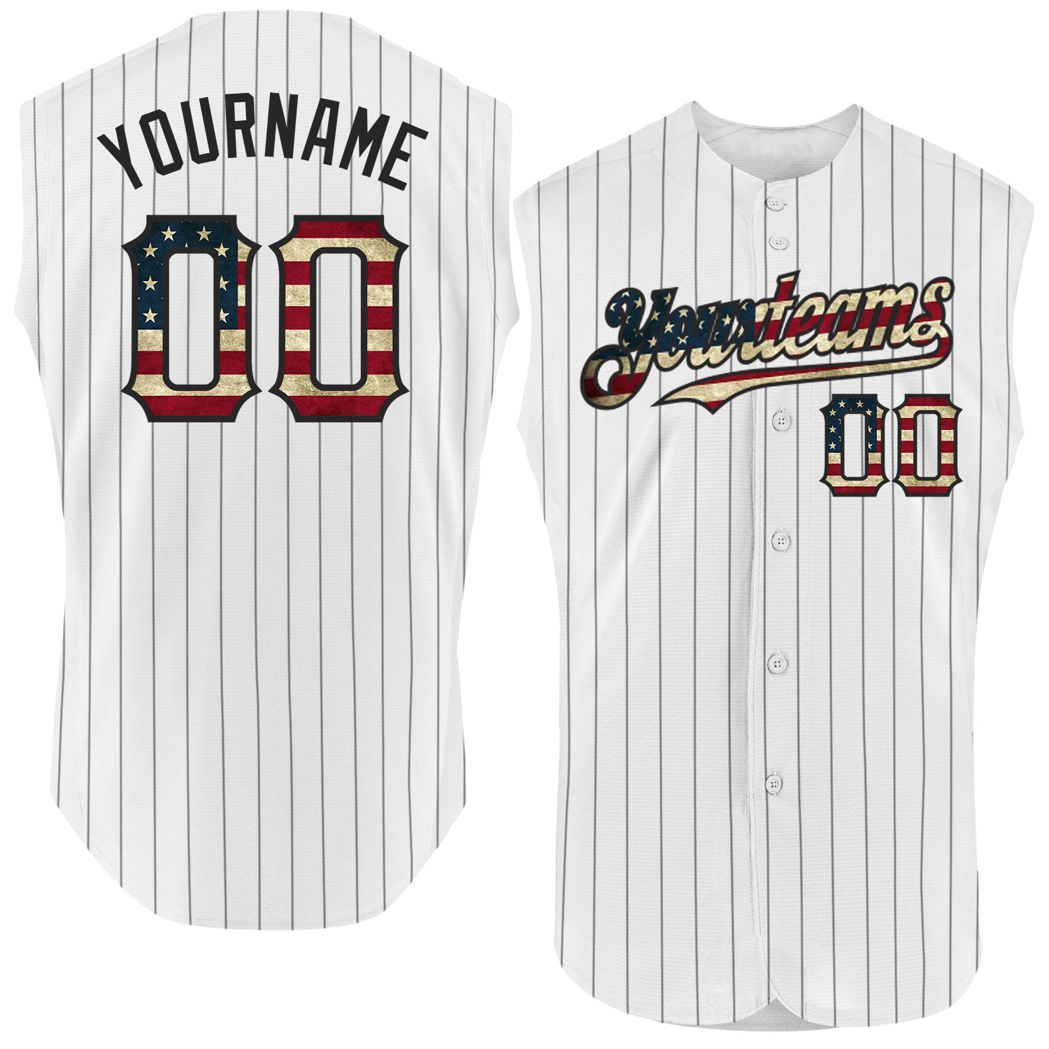 Custom White Black Pinstripe Vintage USA Flag Authentic Sleeveless Baseball Jersey