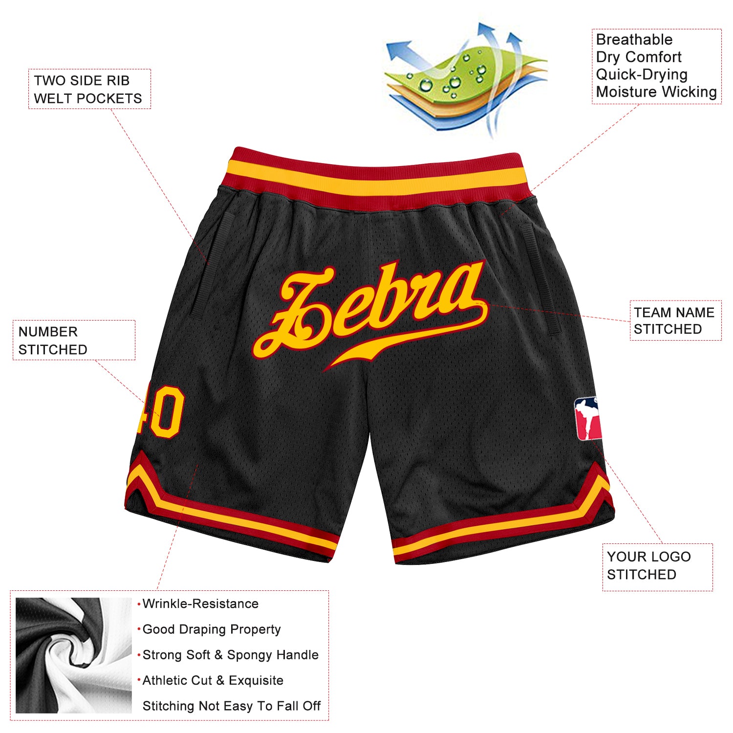 Custom Black Gold-Red Authentic Throwback Basketball Shorts