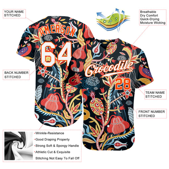 Custom Black White-Orange 3D Pattern Design Flowers Authentic Baseball Jersey