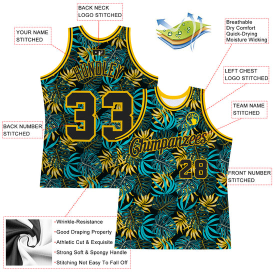 Custom Black Black-Gold 3D Pattern Tropical Hawaii Plants Authentic Basketball Jersey