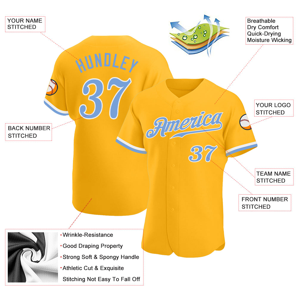 Custom Gold Light Blue-White Authentic Baseball Jersey