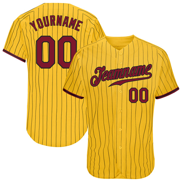 Custom Yellow Black Pinstripe Crimson-Black Authentic Baseball Jersey