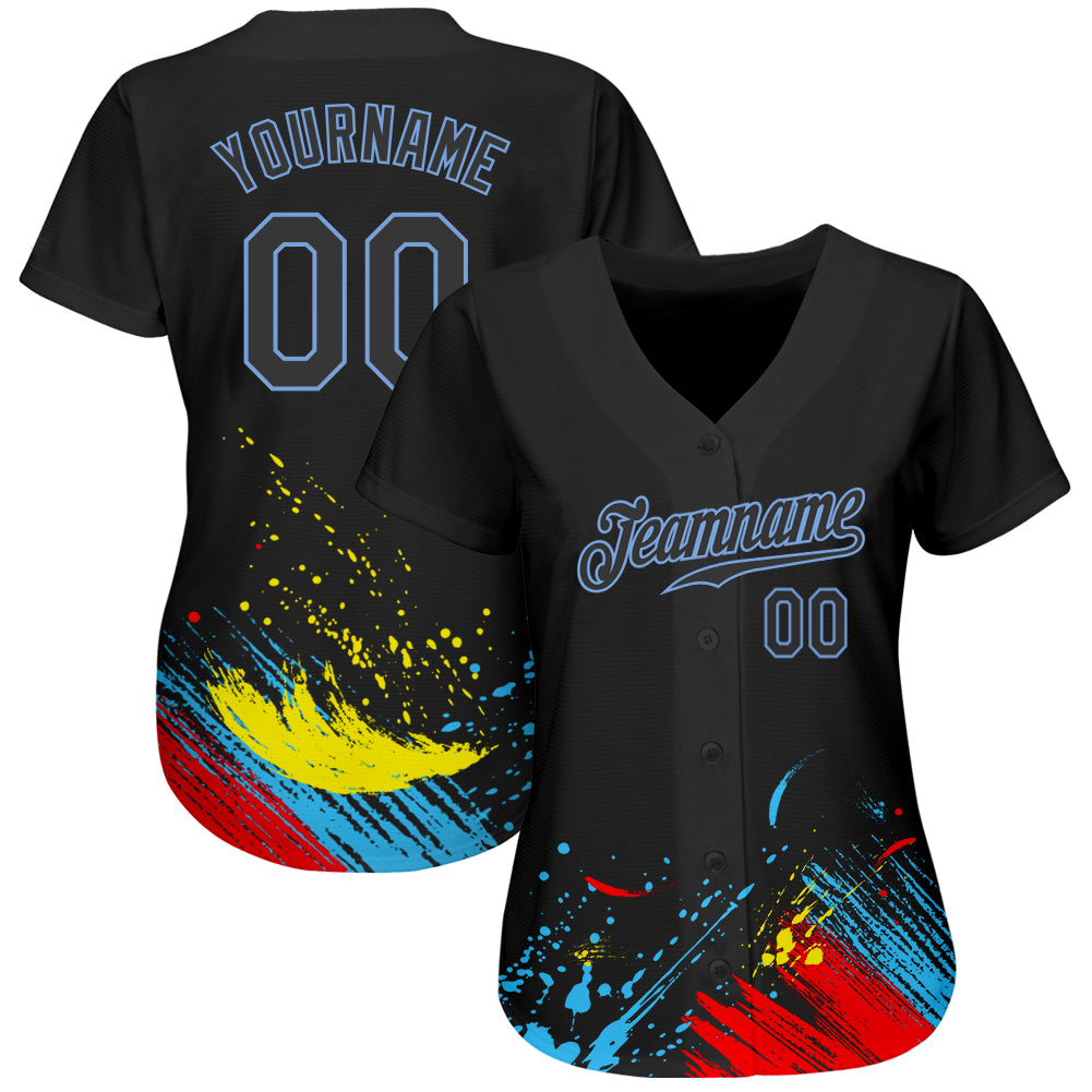 Custom Graffiti Pattern Black-Light Blue 3D Authentic Baseball Jersey