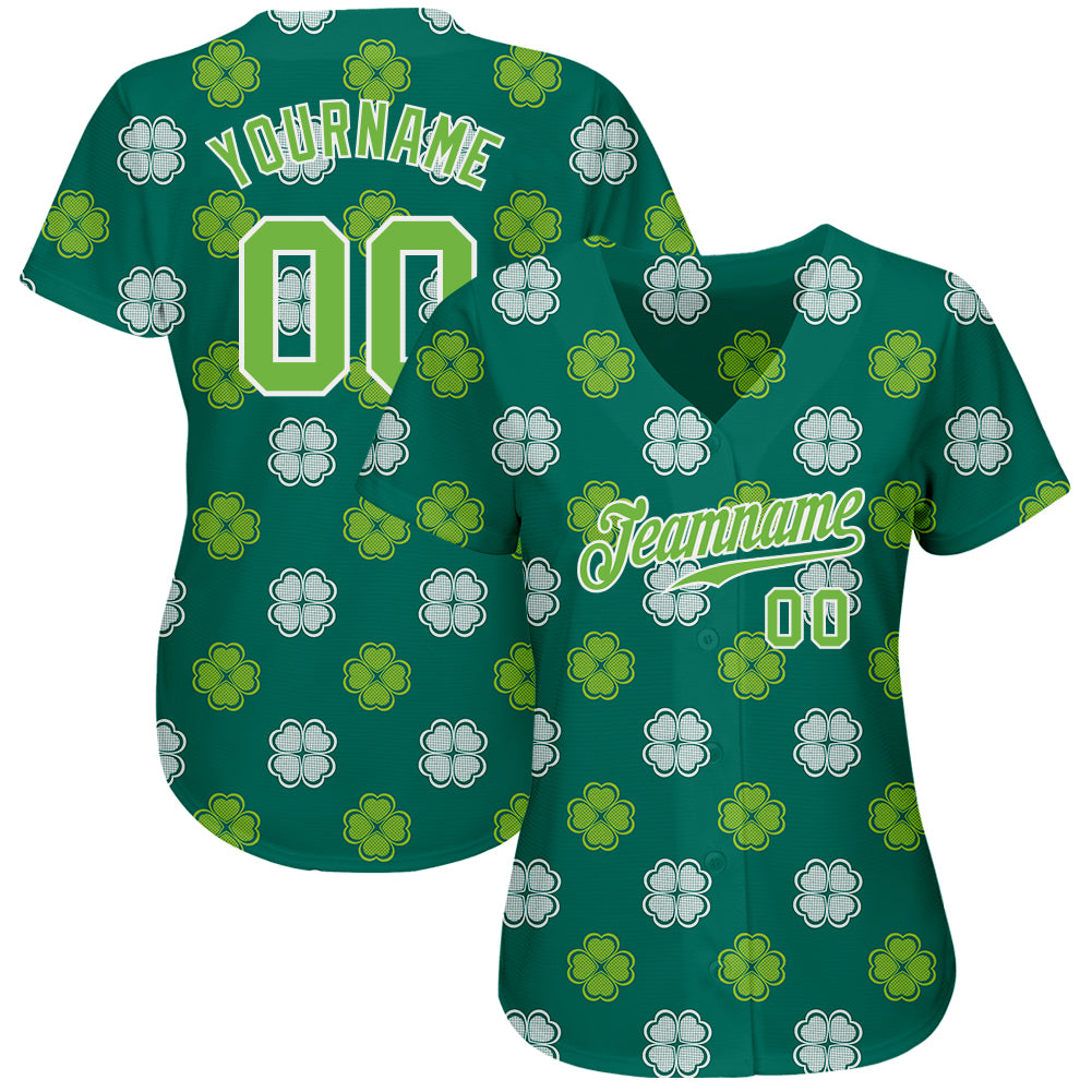 Custom Kelly Green Neon Green-White 3D Pattern Design Authentic St. Patrick's Day Baseball Jersey