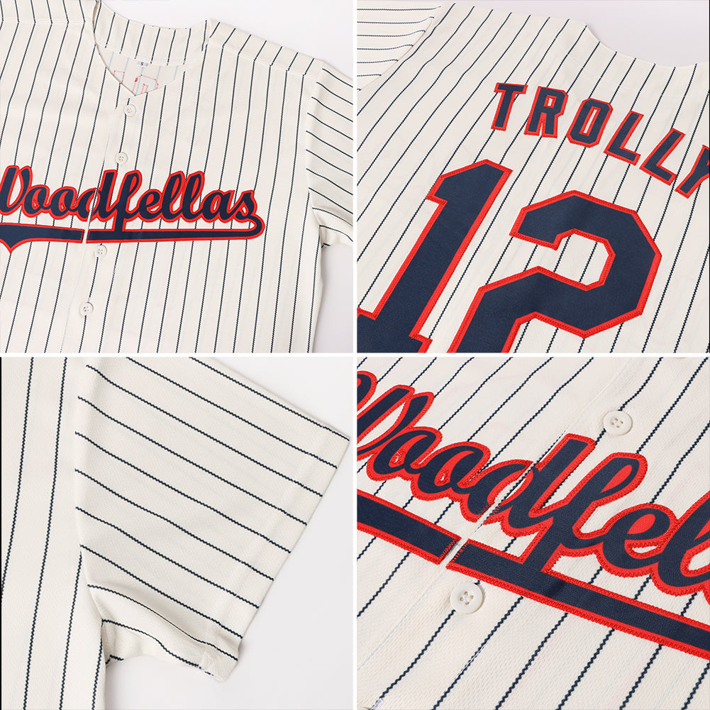 Custom Cream Navy Pinstripe Navy-Red Baseball Jersey