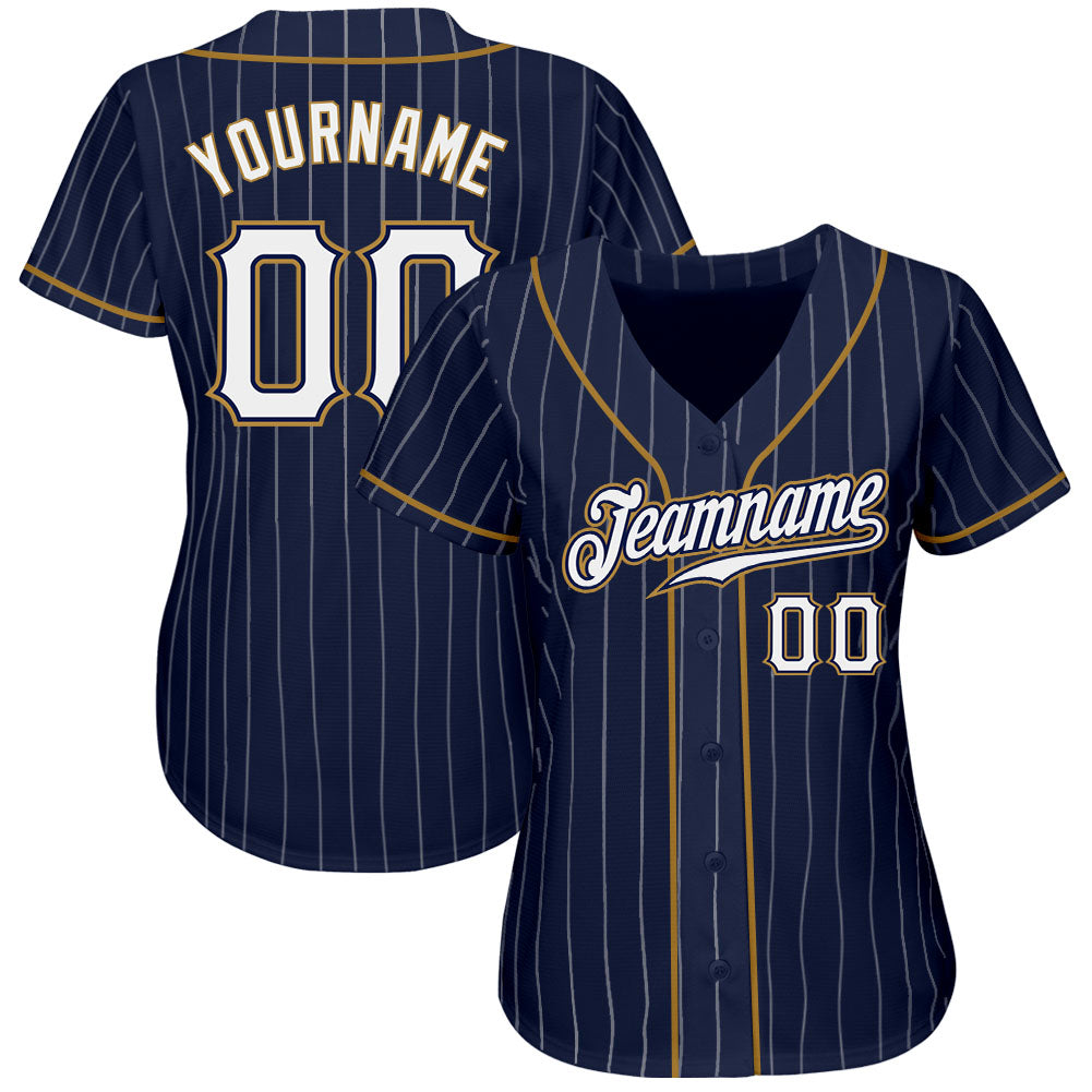 Custom Navy White Pinstripe White-Old Gold Authentic Baseball Jersey