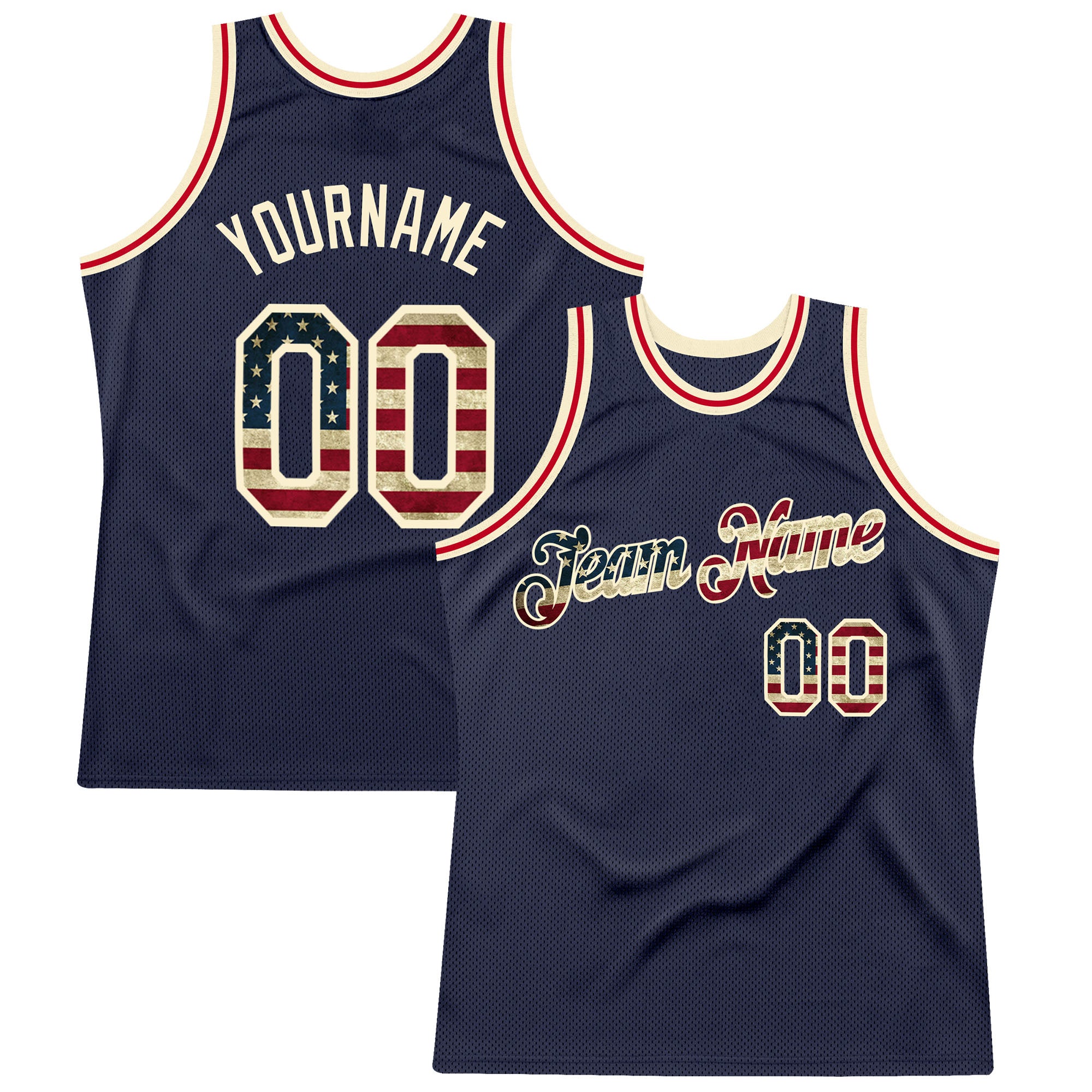 Custom Navy Vintage USA Flag-Cream Authentic Throwback Basketball Jersey