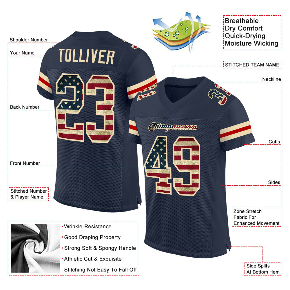 Custom Navy Vintage USA Flag-Cream Mesh Authentic Football Jersey