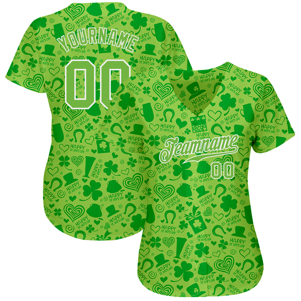 Custom Neon Green Neon Green-White 3D Pattern Design Authentic St. Patrick's Day Baseball Jersey