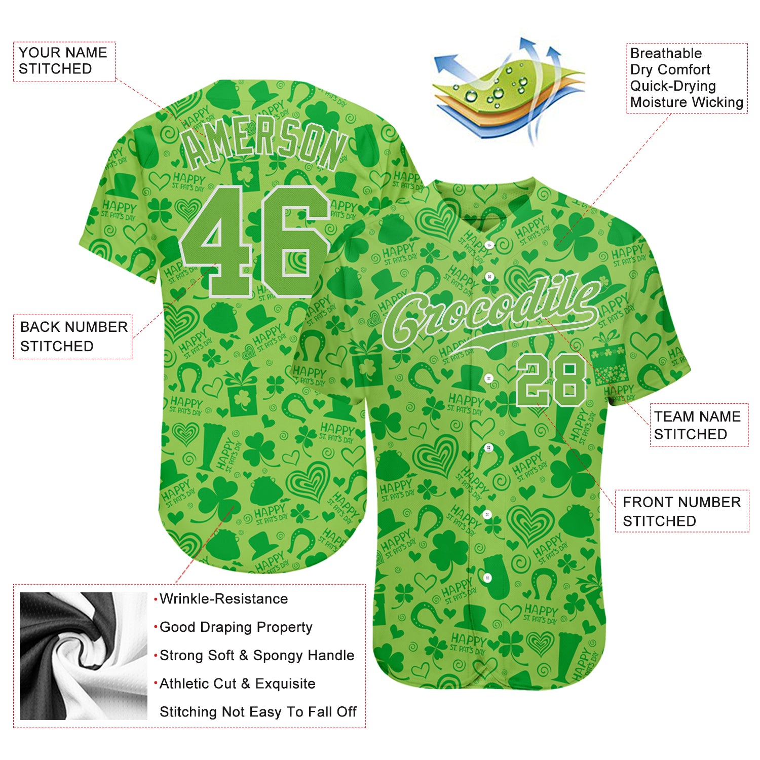 Custom Neon Green Neon Green-White 3D Pattern Design Authentic St. Patrick's Day Baseball Jersey