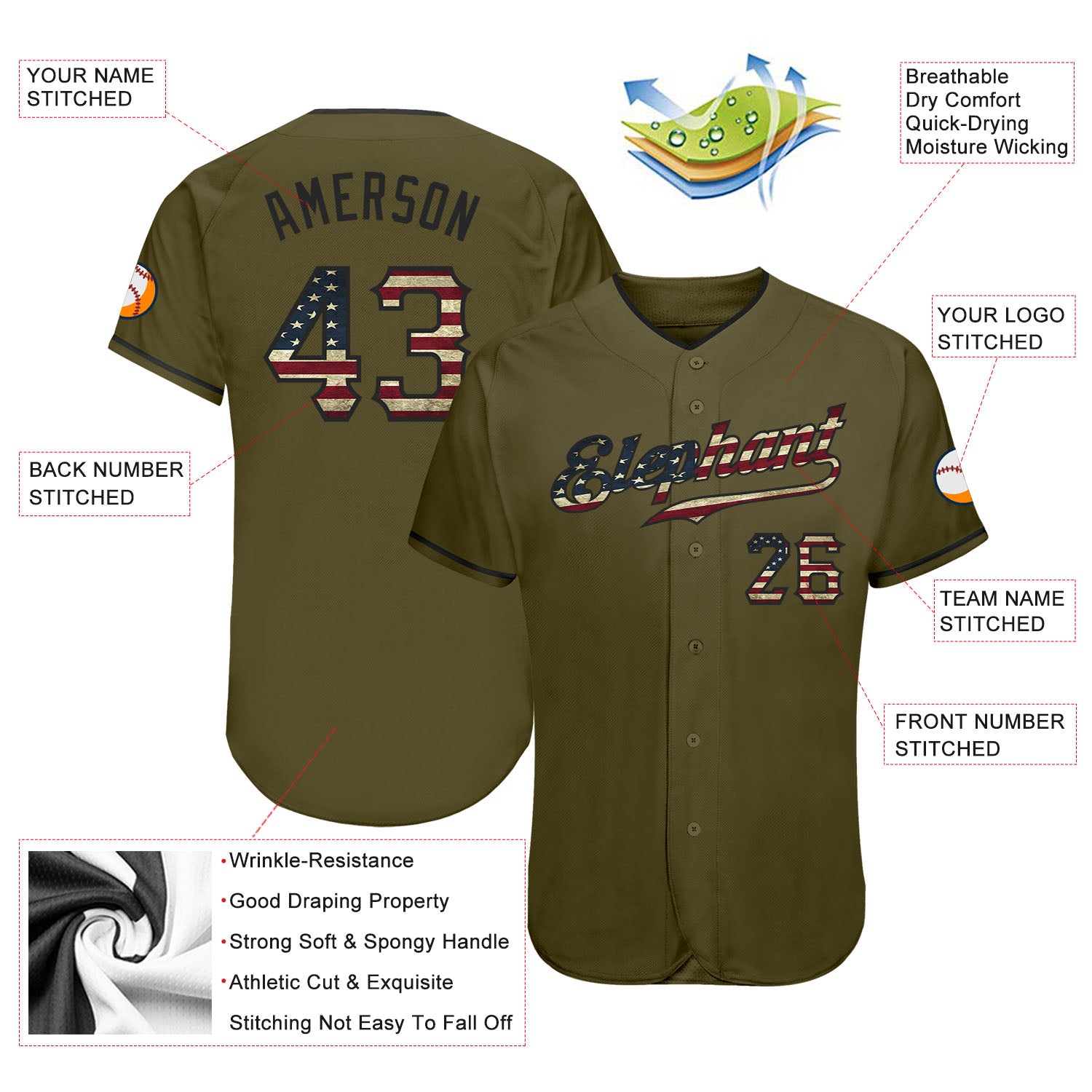 Custom Olive Vintage USA Flag-Black Authentic Salute To Service Baseball Jersey