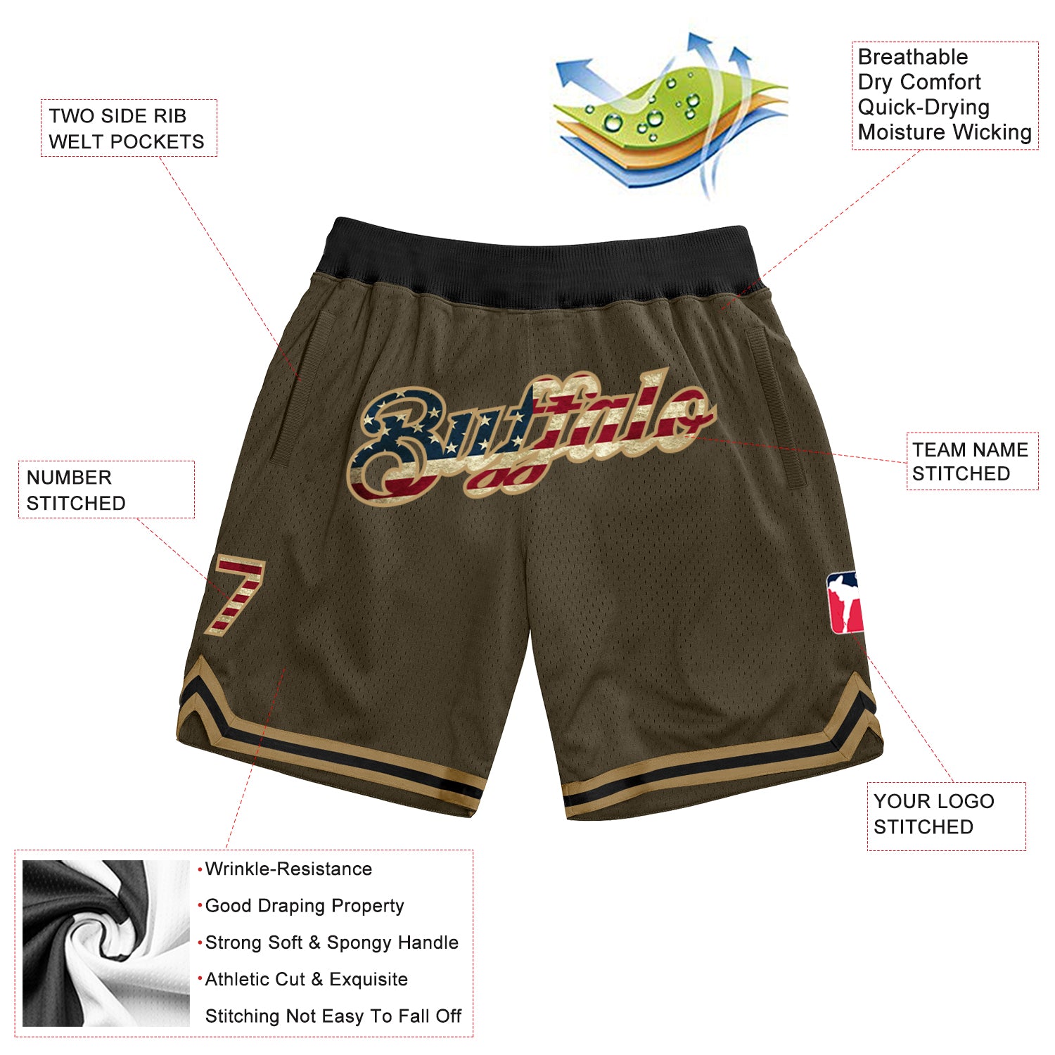 Custom Olive Vintage USA Flag-Old Gold Authentic Throwback Salute To Service Basketball Shorts