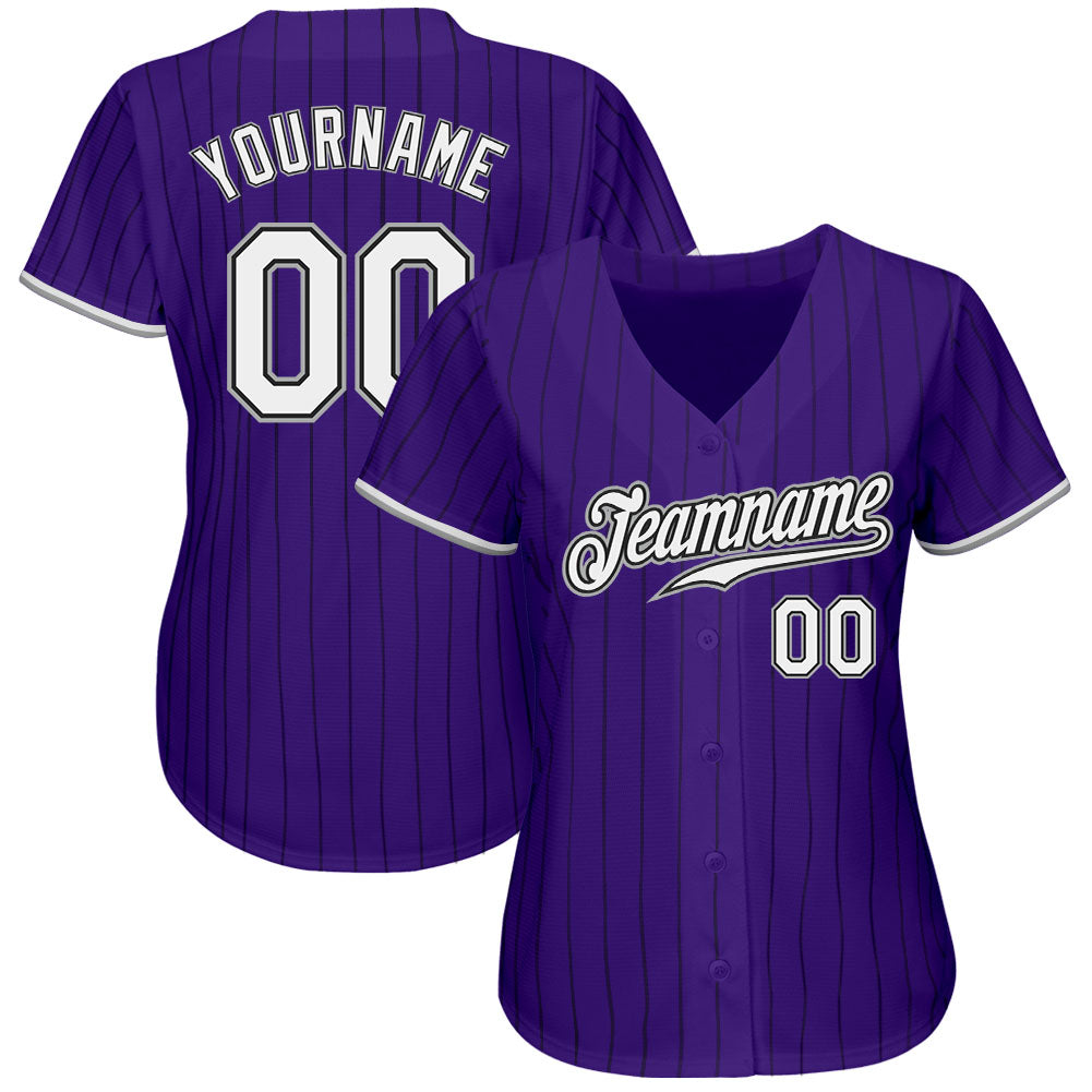 Custom Purple Black Pinstripe White-Gray Authentic Baseball Jersey