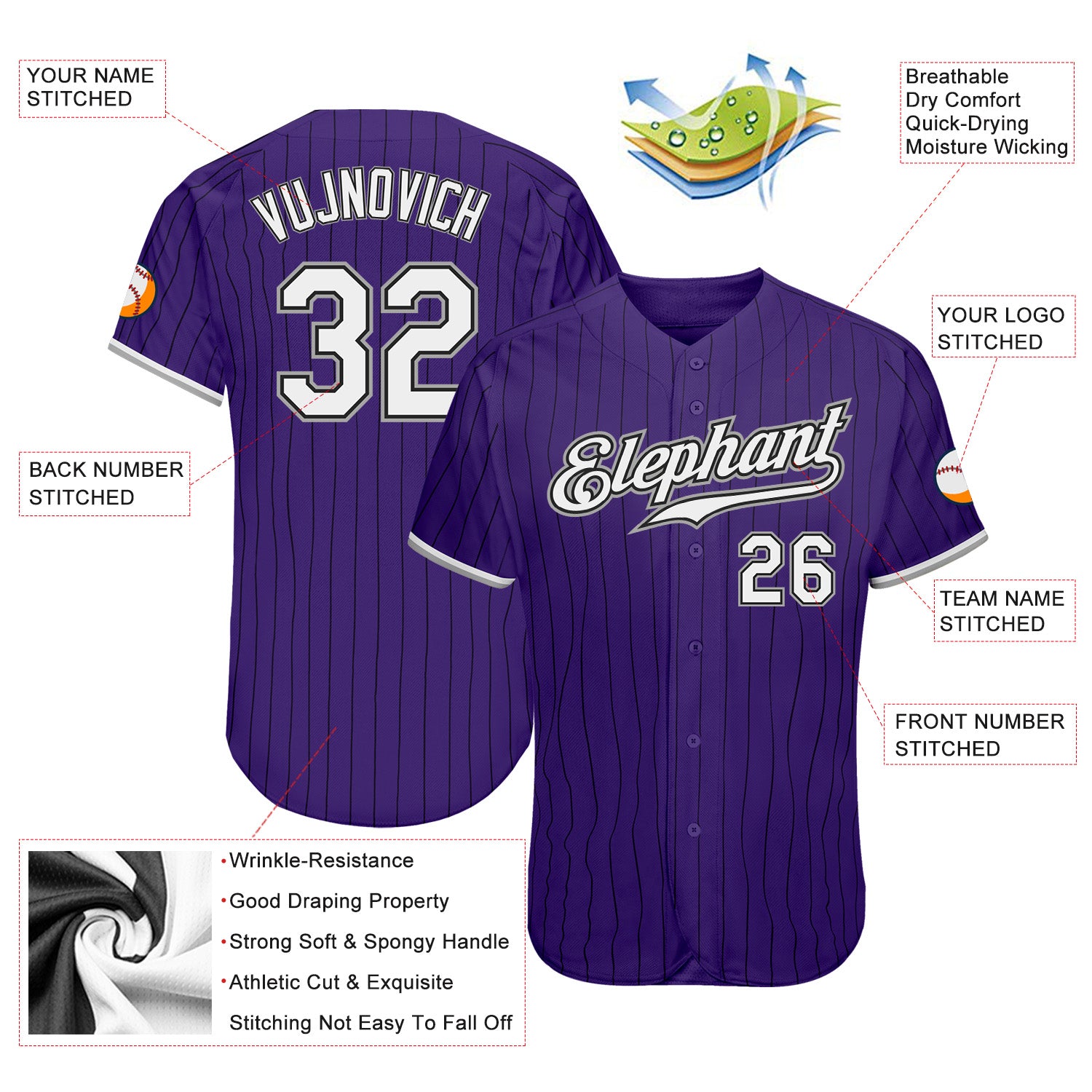 Custom Purple Black Pinstripe White-Gray Authentic Baseball Jersey