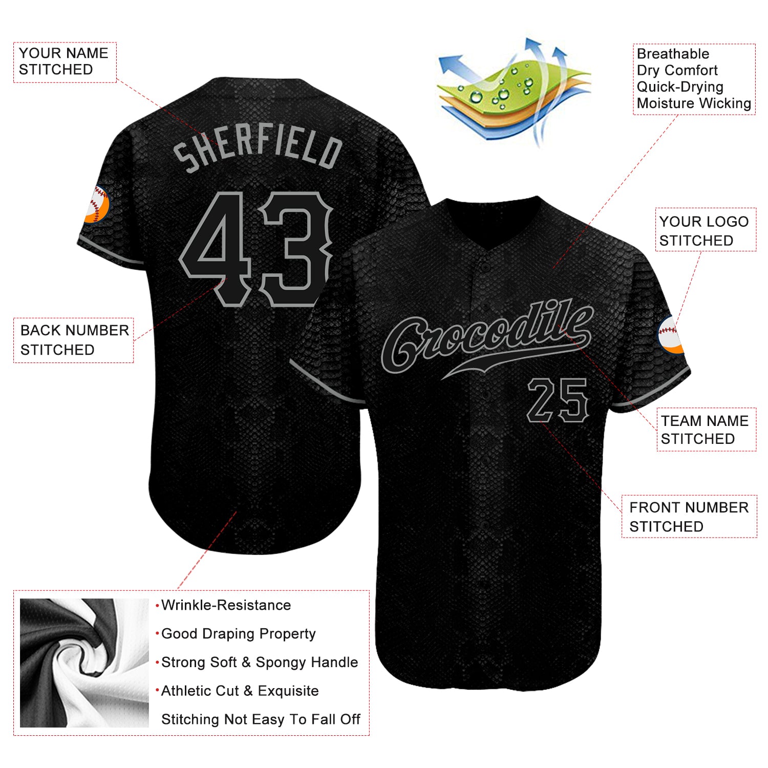 Custom Black Snakeskin Black-Gray 3D Pattern Design Authentic Baseball Jersey