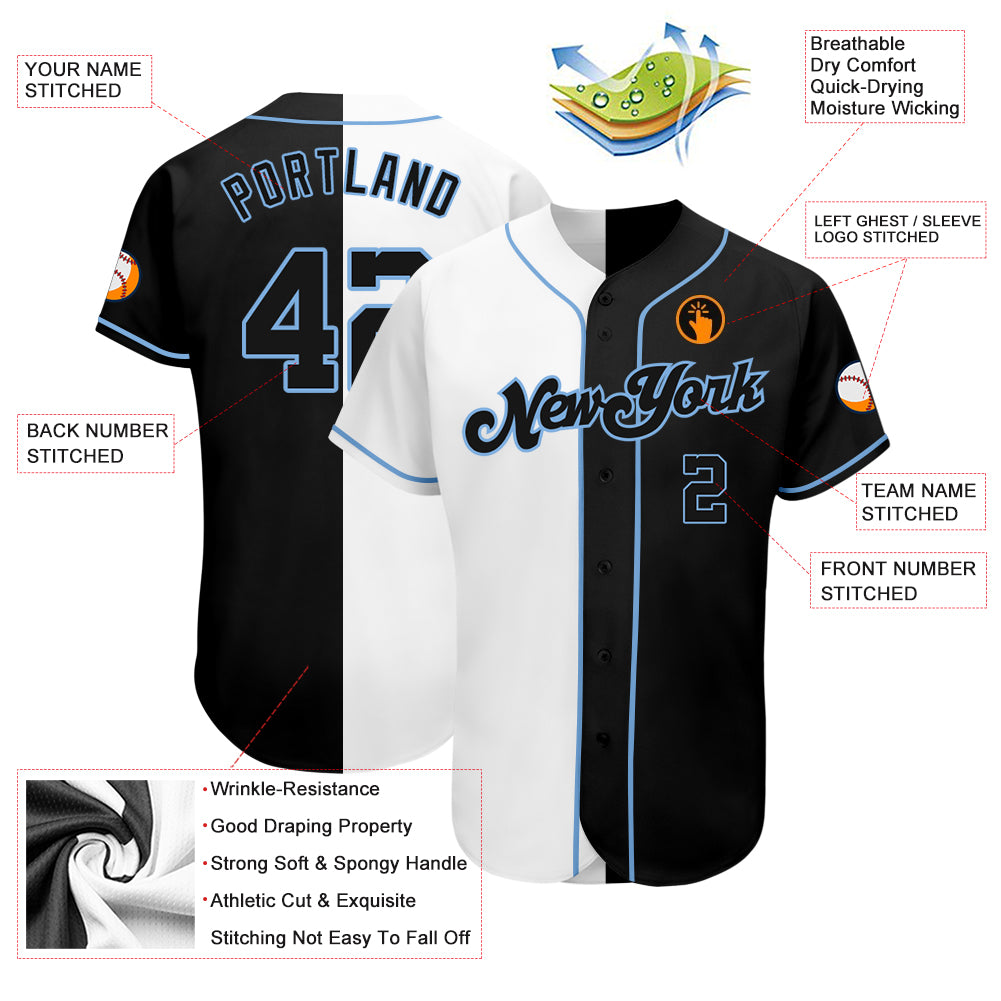 Custom White-Black Light Blue Authentic Split Fashion Baseball Jersey