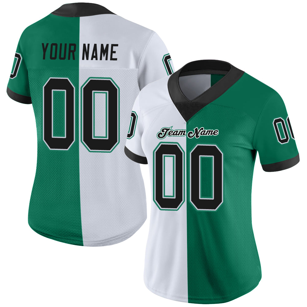 Custom Kelly Green Black-White Mesh Split Fashion Football Jersey