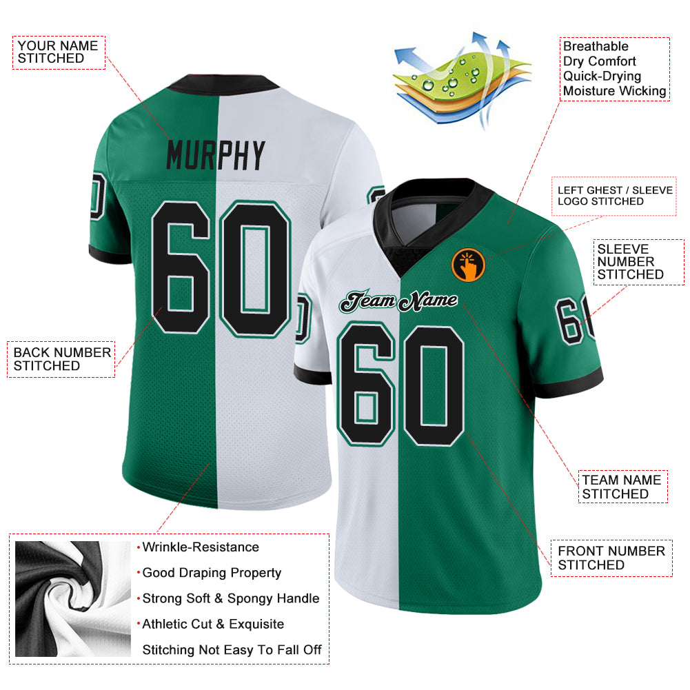 Custom Kelly Green Black-White Mesh Split Fashion Football Jersey