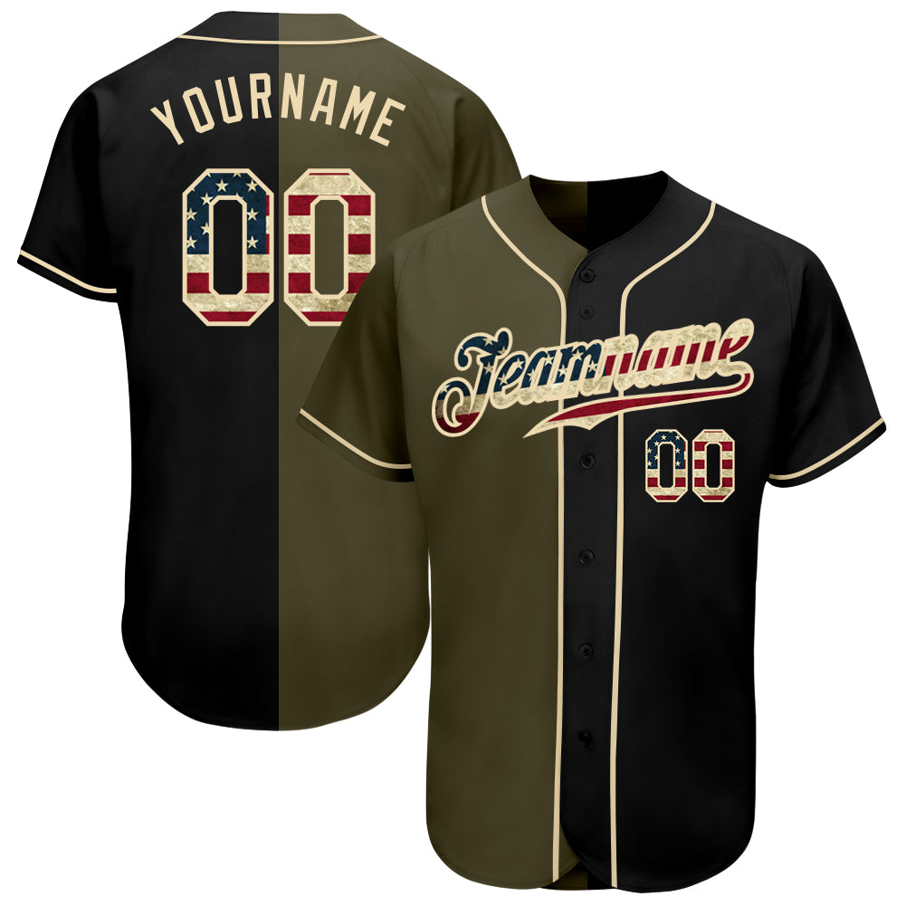 Custom Black Vintage USA Flag-Olive Authentic Split Fashion Baseball Jersey