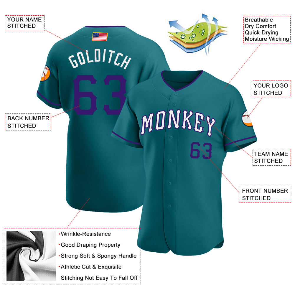 Custom Teal Purple-White Authentic American Flag Fashion Baseball Jersey