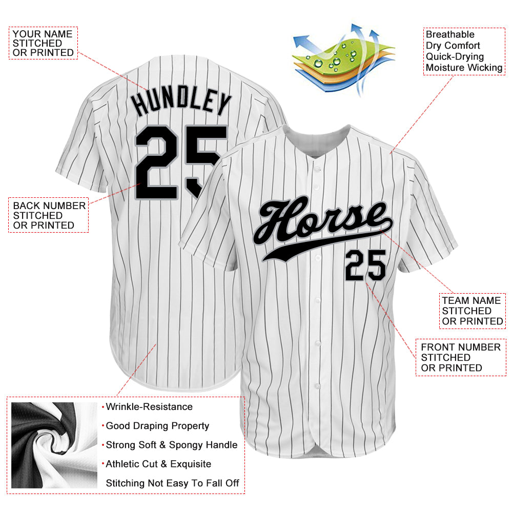 Custom White Black Pinstripe Black-Gray Authentic Baseball Jersey