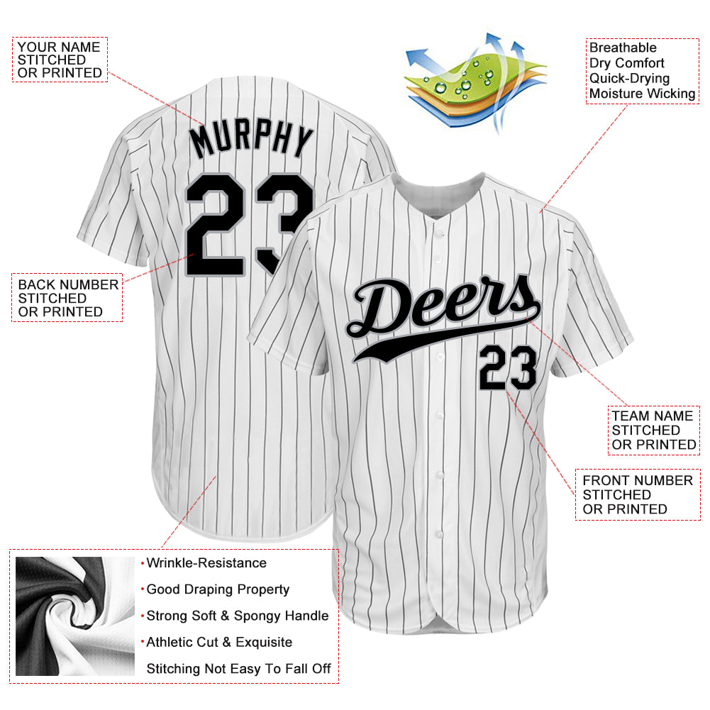 Custom White Black Pinstripe Black-Gray Authentic Baseball Jersey