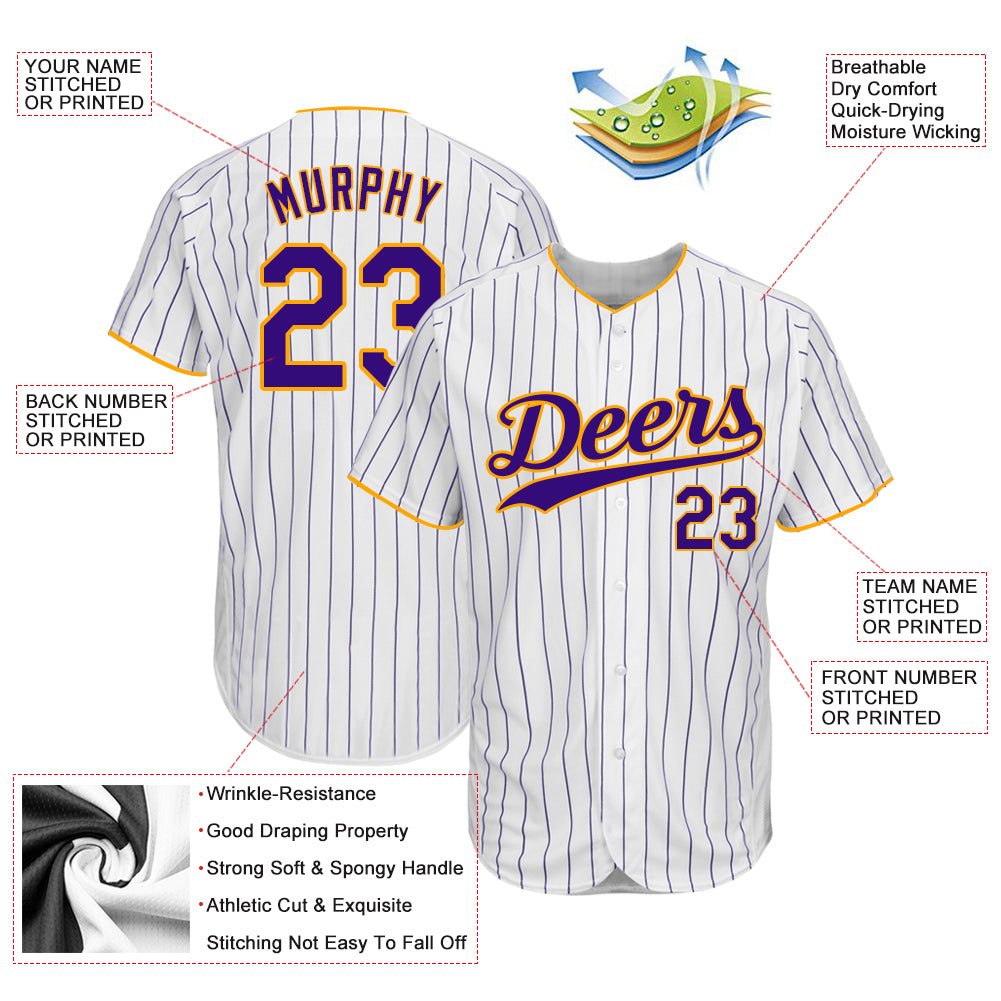 Custom White Purple Pinstripe Purple-Gold Authentic Baseball Jersey