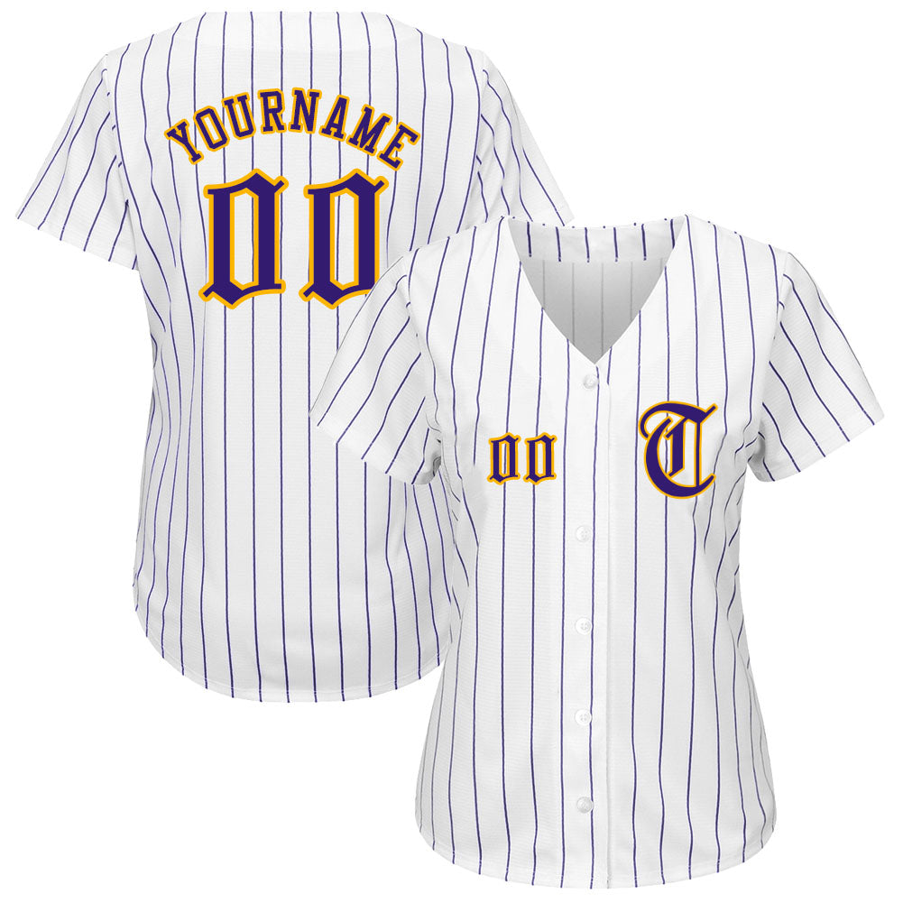 Custom White Purple Pinstripe Purple-Gold Authentic Baseball Jersey