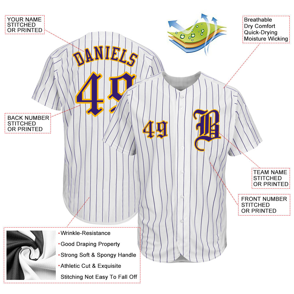 Custom White Purple Pinstripe Purple-Gold Authentic Baseball Jersey