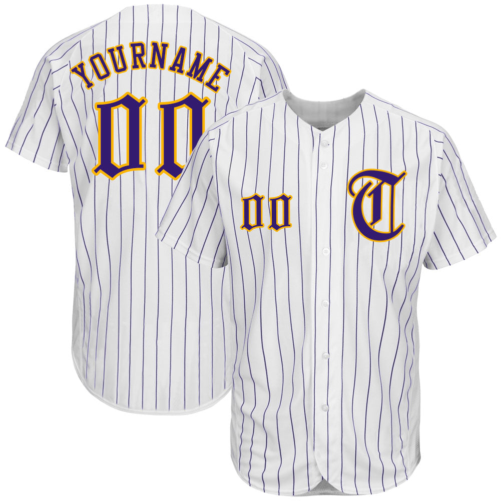 Custom White Purple Pinstripe Purple-Gold Authentic Baseball Jersey