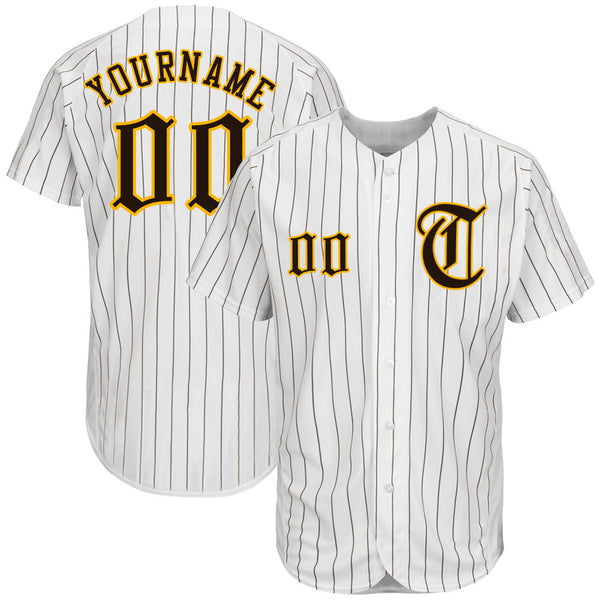 Custom White Brown Pinstripe Brown-Gold Authentic Baseball Jersey