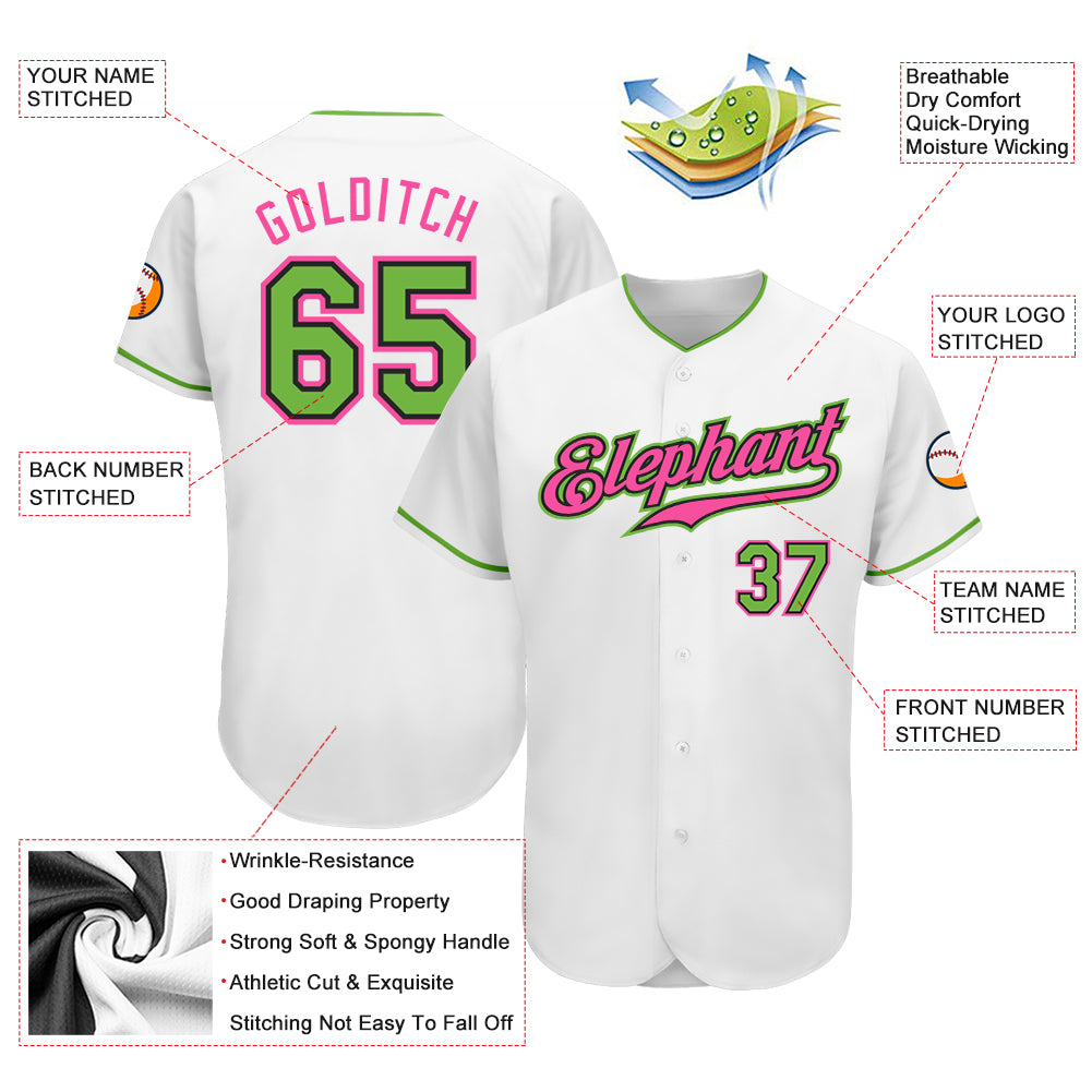 Custom White Neon Green-Pink Authentic Baseball Jersey