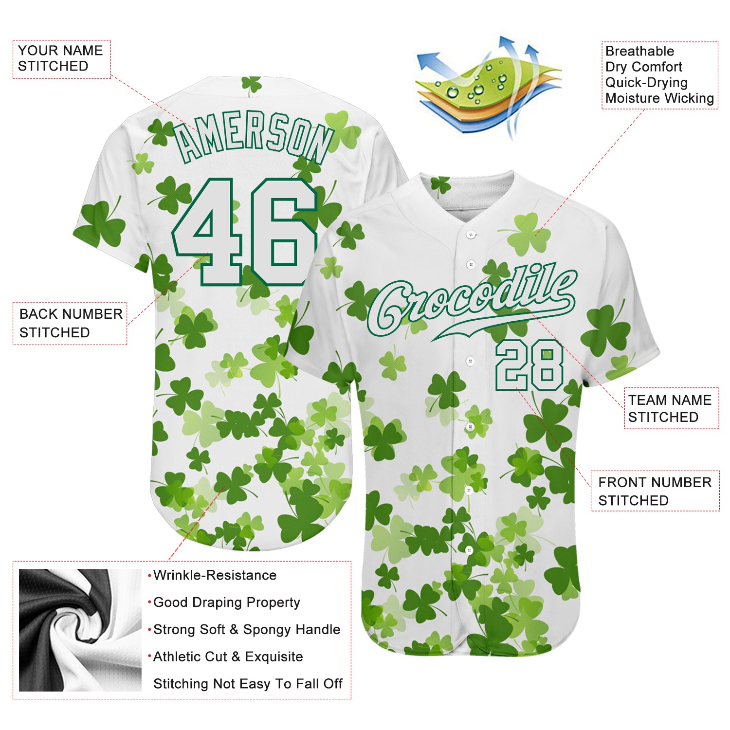 Custom White White-Kelly Green 3D Pattern Design Authentic St. Patrick's Day Baseball Jersey