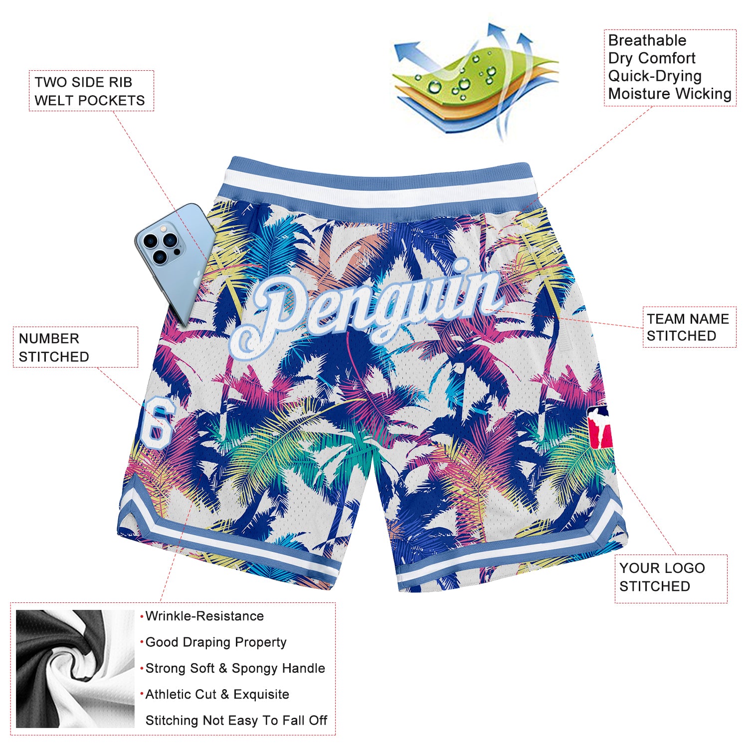 Custom White White-Light Blue 3D Pattern Design Palm Trees Authentic Basketball Shorts